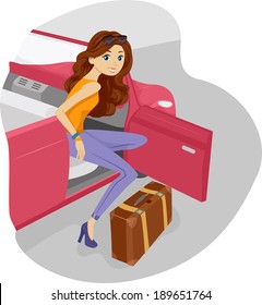 Illustration of a Woman Stepping Out of Her Car with a Piece of Luggage