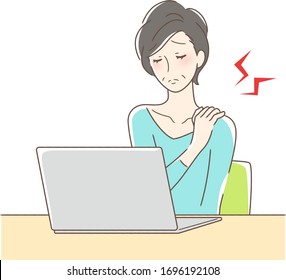 Illustration of a woman with a stiff shoulder in front of a computer