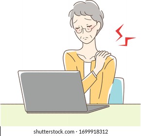 Illustration of a woman with a stiff shoulder in front of a computer