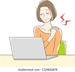 Illustration of a woman with a stiff shoulder in front of a computer