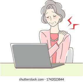 Illustration of a woman with a stiff shoulder in front of a computer