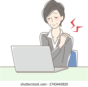Illustration of a woman with a stiff shoulder in front of a computer