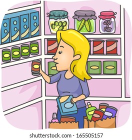 Illustration of a Woman Stocking Her Pantry with Goods