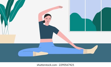 Illustration of woman stretching. Female cartoon character sitting on the floor, stretching. Vector drawing of woman leading healthy lifestyle. Sport lover concept. Window and flowers in background.