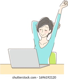 Illustration of a woman stretching in front of a computer