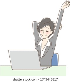 Illustration of a woman stretching in front of a computer