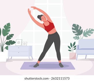 Illustration of woman stretching on mat in tranquil room with pastel shades, indoor greenery, and elegant minimalist interior decor.