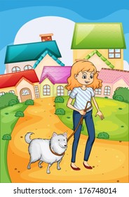 Illustration of a woman strolling with her dog