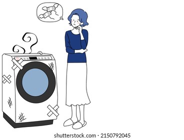 Illustration Of A Woman Struggling With A Budget To Replace A Battered Washing Machine