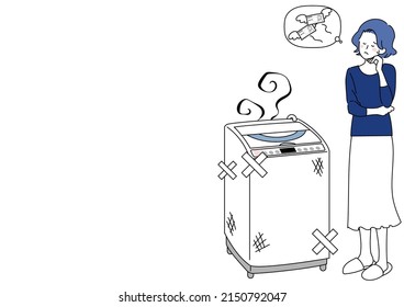 Illustration Of A Woman Struggling With A Budget To Replace A Battered Washing Machine