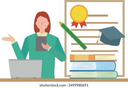 Illustration of a woman studying and obtaining a qualification