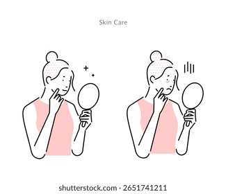 Illustration of a woman suffering from dark circles under her eyes and a woman without dark circles with skin care vector material.