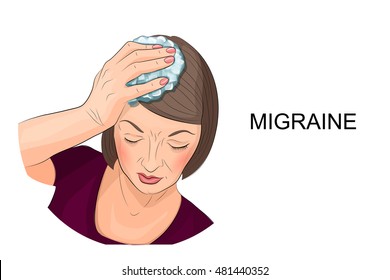 illustration of a woman suffering from headache holding ice on head
