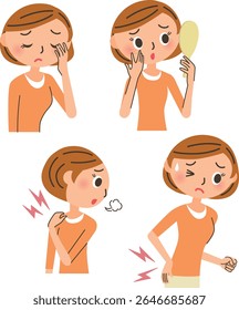 Ilustração de uma mulher que sofre de má saúde dos olhos, pele, ombros e cintura
