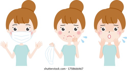 Illustration of a woman suffering from skin problems with a mask