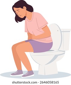 Illustration of a woman suffering from stomachache while sitting on the toilet.