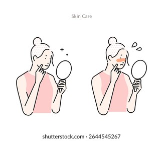  Ilustração de uma mulher que sofre de queimadura solar e uma mulher com material vetor de pele bem cuidado