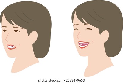 Illustration of a woman suffering from tooth loss and a woman smiling with white teeth