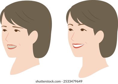 Illustration of a woman suffering from tooth stains and a woman smiling with white teeth