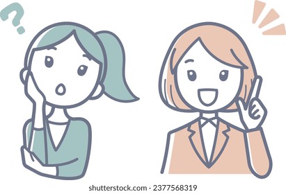 Illustration of a woman in a suit asking a question and answering it