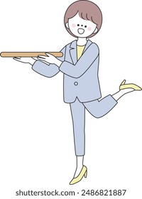 Illustration of a woman in a suit bending her legs while holding a tray