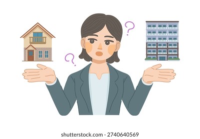 An illustration of a woman in a suit comparing the differences between a detached house and an apartment building