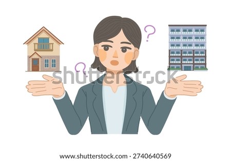 An illustration of a woman in a suit comparing the differences between a detached house and an apartment building