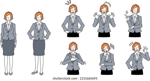 Illustration of woman in suit doing various poses