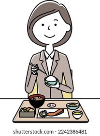 Es una ilustración de una mujer comiendo traje.