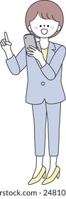 Illustration of a woman in a suit explaining the points while looking at her smartphone