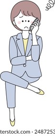 Illustration of a woman in a suit having trouble while sitting and talking on the phone