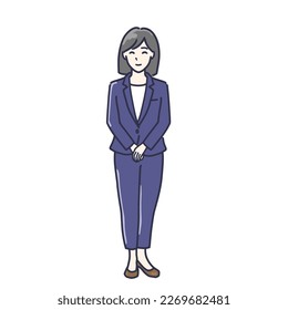 Illustration of a woman in a suit with her hands folded in front of her.   full body　