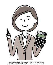 It is an illustration of a woman in a suit holding a calculator.