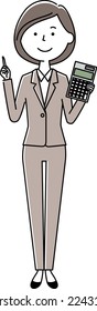 It is an illustration of a woman in a suit holding a calculator.