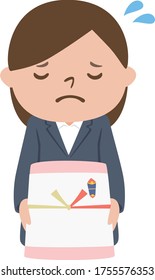 Illustration of a woman in a suit holding a candy that makes us apologize.