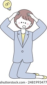 Illustration of a woman in a suit holding her head and then kneeling down after having an epiphany