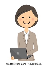 Illustration of a woman in a suit holding a laptop.