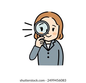 Illustration of a woman in a suit holding a magnifying glass.