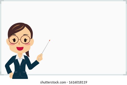 Illustration of a woman in a suit holding a pointing stick in front of a whiteboard