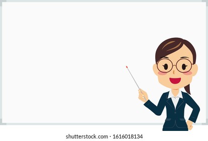 Illustration of a woman in a suit holding a pointing stick in front of a whiteboard