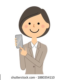 It is an illustration of a woman in a suit holding a smartphone.