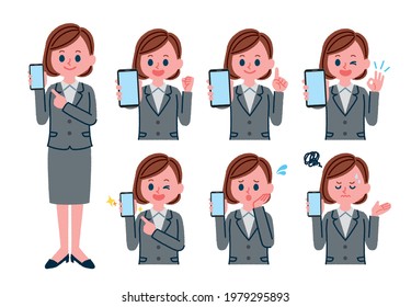 Illustration of a woman in a suit holding a smartphone