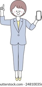 Illustration of a woman in a suit holding a smartphone and pointing with a smile