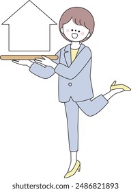 Illustration of a woman in a suit introducing a house