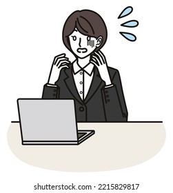 Illustration of woman in suit looking at the computer screen and getting flustered