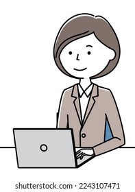 It is an illustration of a woman in a suit operating a PC.