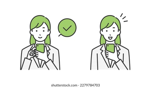 Illustration of a woman in a suit operating a smartphone.