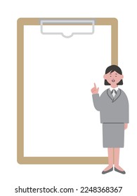 Illustration of a woman in a suit pointing and a clipboard