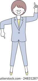 Illustration of a woman in a suit pointing up and down