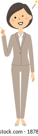 It is an illustration of a woman in a suit pointing her finger.